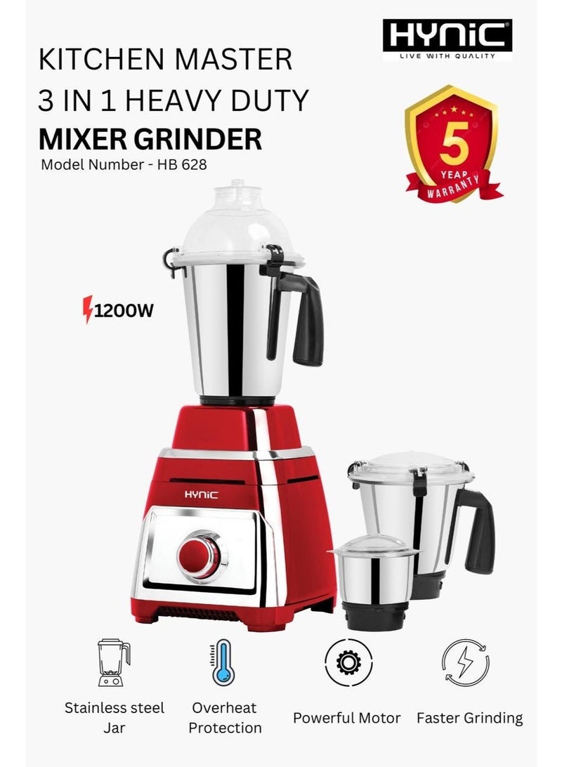 Hynic Kitchen Master 3-in-1 Mixer Grinder 1200W | Powerful 100% Copper Motor | 2L Stainless Steel Jar + 2 Additional Jars | Unbreakable ABS Body | 5 Year Warranty - Image 1